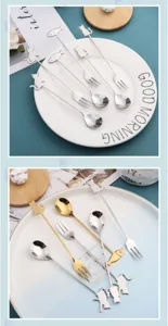 Creatieve roestvrijstalen lepel en vork set met schattig kattenontwerp voor dessert en koffie.