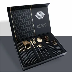 Stainless steel black gold cutlery set 24 pieces fork knife spoon gift box package