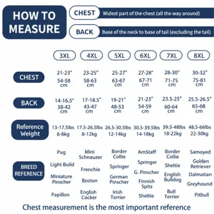Dog clothing size chart with chest back measurements and weight guide for large dogs.