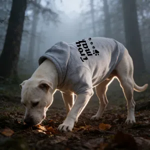 Detailed view of a white dog wearing a cozy grey hooded pet sweatshirt in a misty forest.