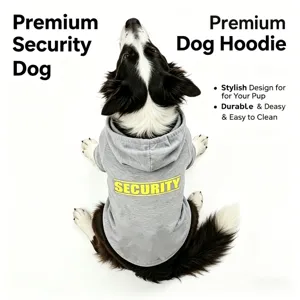 Grey dog hoodie with security text, comfortable pet apparel for medium and large dogs.