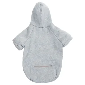Detail shot of grey pet dog hoodie with zipper pocket, warm fleece fabric for medium dogs clothing.