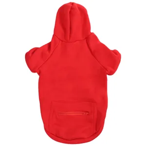 Red pet hoodie detail, showcasing the convenient back zipper pocket and comfortable hood design.