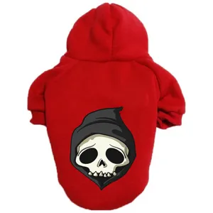 Close-up detail of the spooky skull graphic printed on the red pet hoodie back design.