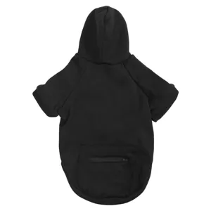 Detailed view of black dog hoodie back with zipper pocket and hood for large dogs.