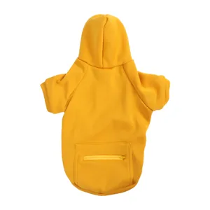 Pet hoodie detail showing the zipper pocket on the back and adjustable hood in vibrant yellow.