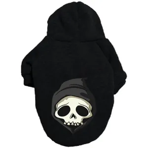 Close up view of black pet hoodie detail showing skull graphic and soft fabric for dogs.