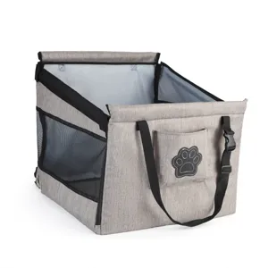 Grey portable pet car seat, breathable mesh sides, foldable design, durable fabric detail.