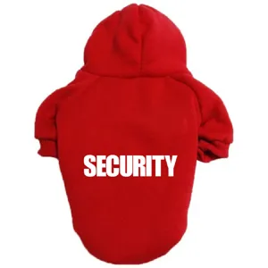 Detailed close-up of red pet dog hoodie with security print, comfortable fabric for small dogs.