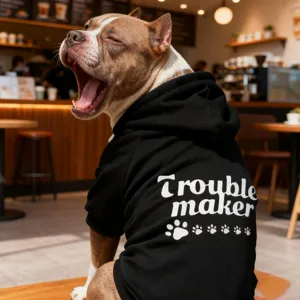 Stylish black pet hoodie with printed back design, comfortable dog sweatshirt for all seasons.