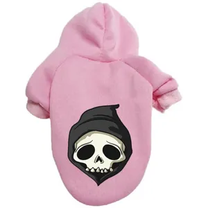 Pink cute pet hoodie for small dogs, stylish skull print Halloween apparel clothing.