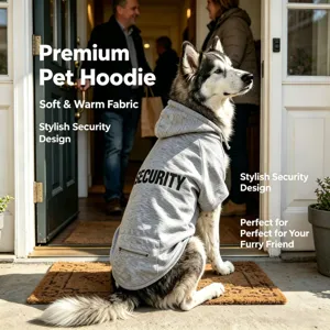 Sweat à capuche gris confortable pour animal avec poche zippée, design de sécurité élégant.