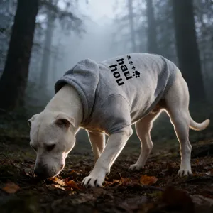 Detail view of grey dog hoodie with hood and paw print pattern for medium pets