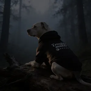 Detailed view of fashionable dog warm hoodie in black with cute text print, stylish pet apparel.