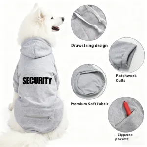 Sweat à capuche pour chien gris avec cordon de serrage et poches zippées pratiques pour animaux.