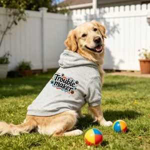 Cute golden retriever wearing grey pet hoodie sweatshirt with text print, main view.