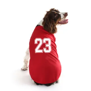Breathable red mesh pet jersey for dogs with number 23 print, cool summer apparel detail.