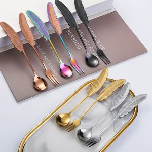 Ensemble cuillère et fourchette en acier inoxydable plume créatif vaisselle colorée table