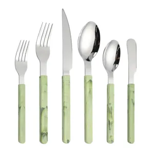 Stainless steel cutlery set with green marble handle, elegant flatware set for dining.