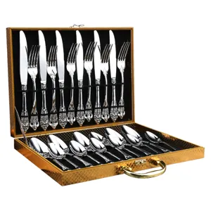 Stainless steel vintage embossed cutlery set, luxury table knife fork and spoon in gift box.