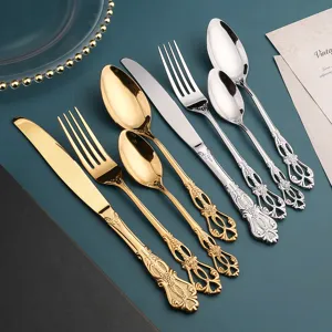 Imperial Court Vintage Stainless Steel Cutlery Set Luxury Embossed Dinner Knife Fork Spoon Tableware