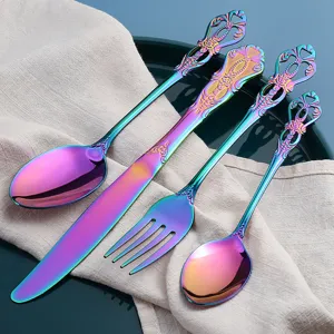 Rainbow stainless steel cutlery set with vintage embossed flatware knife and spoon