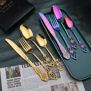 Stainless steel 5-piece cutlery set with vintage embossed handles, luxury flatware.
