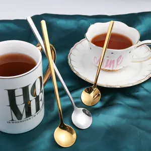 304 Edelstahl Löffel Kreativer Koreanischer Stil Geschirr Hochglanzpoliert Langer Griff Kaffee Dessert Rund Löffel