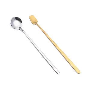 Set de cucharas para batidos y postres de mango largo de acero inoxidable para té y helado.