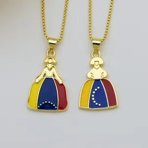 Gold-plated national flag dress pendant necklace, cute enamel princess jewelry for women.