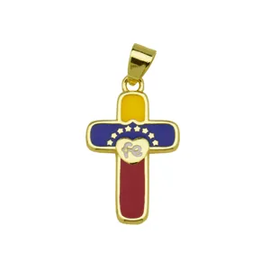 Gold Plated Enamel Cross Pendant Necklace Charm Flag Heart Detail Fashion Jewelry Gift
