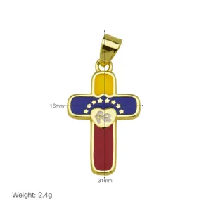 Gold plated enamel cross pendant with colorful flag design and heart detail. Detailed view.