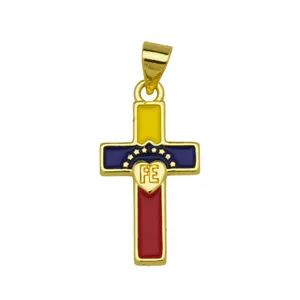 Close-up of a gold-plated enamel cross pendant with colorful flag design and heart detail.