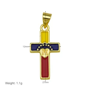 Gold plated enamel cross pendant necklace featuring flag colors heart charm and lightweight design.