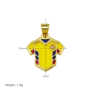 Gold-plated enamel soccer jersey pendant detail, measuring 16x21mm with 1.9g lightweight design.