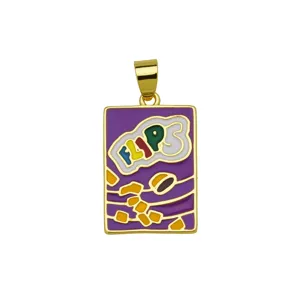 Gold metal enamel rectangle pendant featuring colorful cereal box graphic design stylish necklace