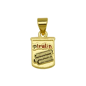 Gold metal can shape pendant with wafer pattern detail, exquisite jewelry accessory close-up view