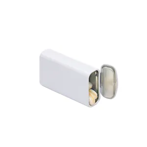 Portable white metal tin box with flip lid, mini mint candy storage container for travel.