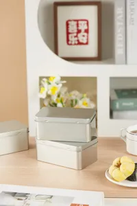 Detaillierte Szene mit silbernen Blechdosen ordentlich auf einem Holztisch mit Deko-Requisiten.