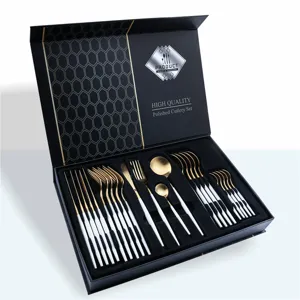 Edelstahl Besteckset 24 tlg in Geschenkbox schwarz gold Geschirr Set Haushaltsbesteck