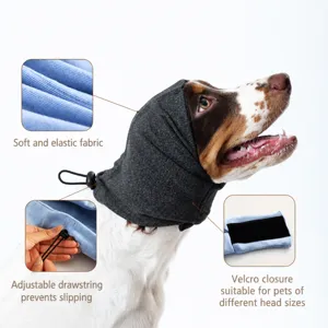Detail view of dog calm ear muffs anti anxiety snood soft stretch fabric adjustable drawcord