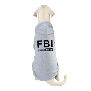 Grey dog hoodie pet clothes with FBI print, comfortable fleece sweatshirt for small and large dogs.