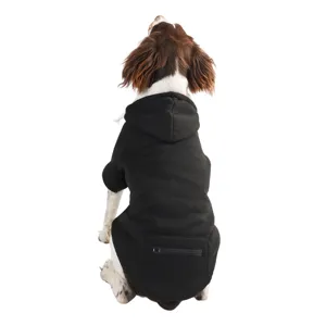 Black pet dog hoodie back view detail showing zipper pocket and white drawstring hood.