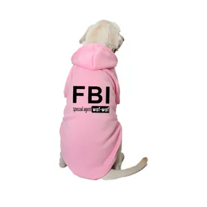 Cute pink pet dog hoodie with FBI print, warm fleece-lined sweatshirt for small and medium dogs.