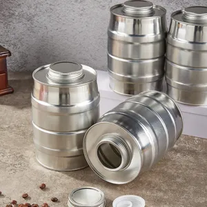 Stainless steel barrel sealed storage canister tin for coffee beans, tea, and dry goods.