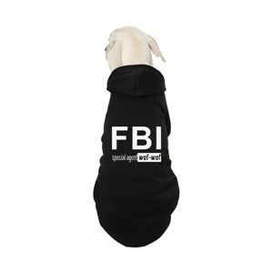 Black dog hoodie with FBI print, stylish pet apparel for medium and large dogs warm winter wear