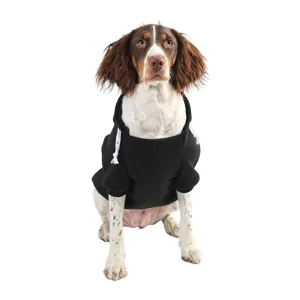 Black dog hoodie with white drawstrings for pets, comfortable apparel for medium dogs.