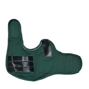 Close-up detail of the dark green adjustable pet calming vest, showing the secure Velcro straps.