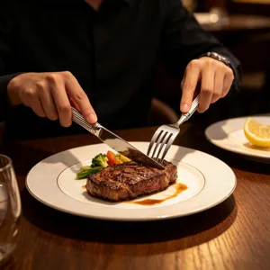 Detail de couteau et fourchette a steak en inox, couverts a poignee elegante.