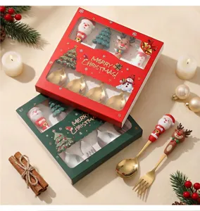Set cucchiaio e forchetta da dessert di Natale con manico renna Babbo Natale scatola regalo